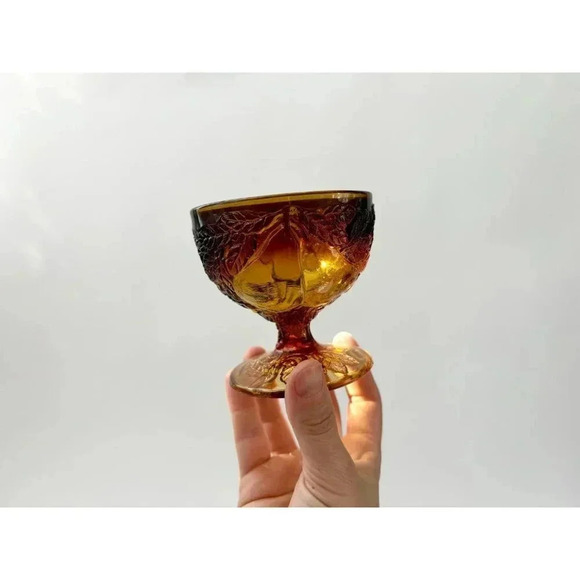 Vintage Brown + Gold set of 2 Glass Tiara Sweet Pear Amber Sherbert Dessert Cups - Picture 2 of 10